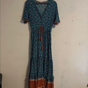 Floral Blue and Orange Maxi Dress 4/6 Small